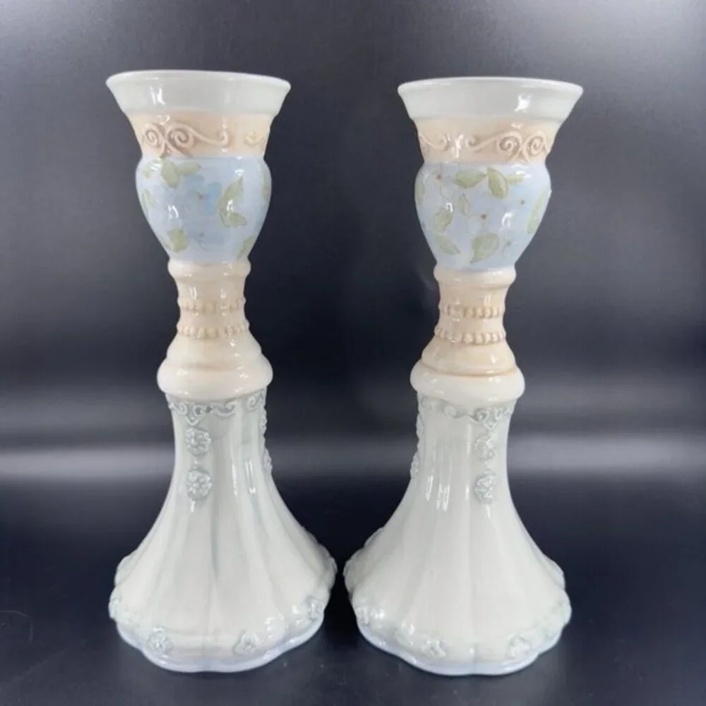 Tracy Porter Hand Painted Pillar Candle‎ Stick Holder Set Ceramic Caldecott